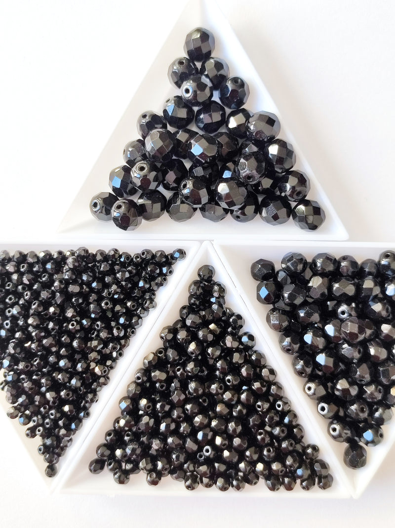 Set of Round Fire Polished Beads (3mm, 4mm, 6mm, 8mm), Jet Black, Czech Glass