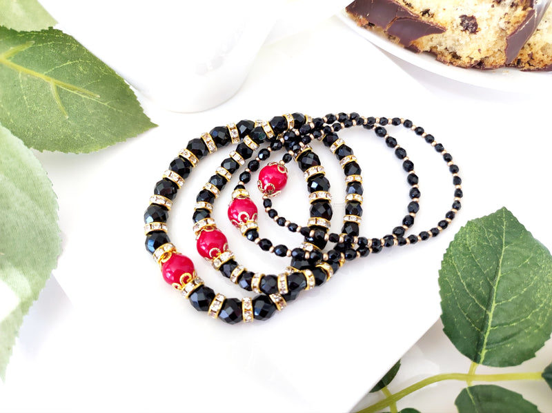 Set of Round Fire Polished Beads (3mm, 4mm, 6mm, 8mm), Jet Black, Czech Glass