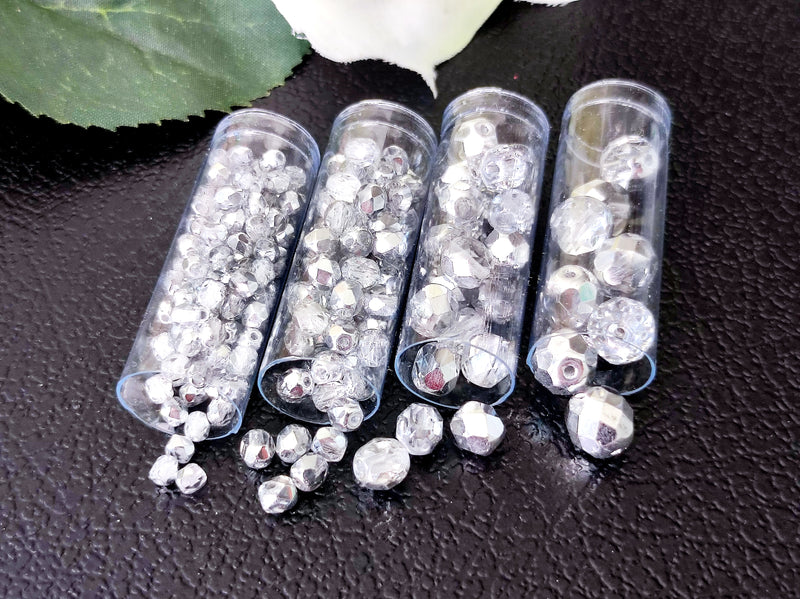 Set of Czech Fire-Polished Glass Beads Round 3mm, 4mm, 6mm, 8mm - Crystal Labrador