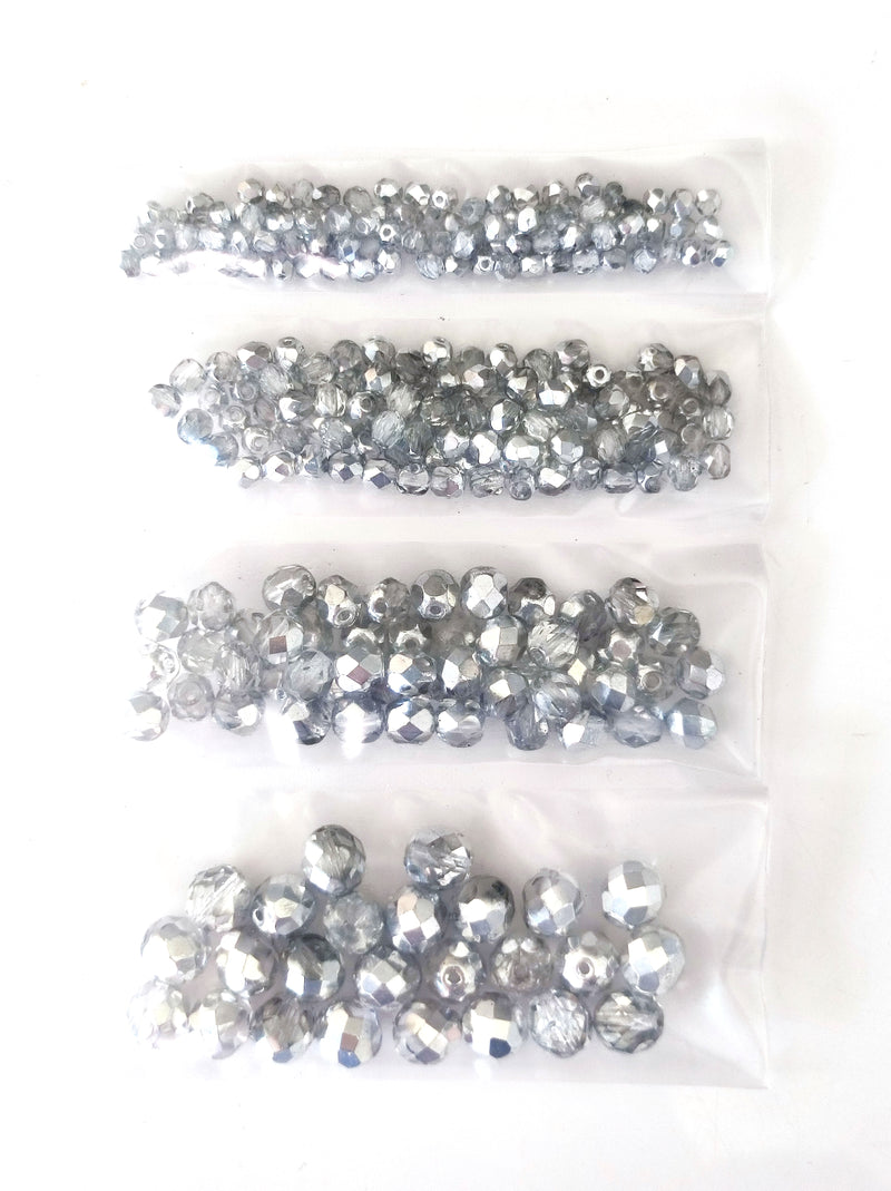 Set of Czech Fire-Polished Glass Beads Round 3mm, 4mm, 6mm, 8mm - Crystal Labrador