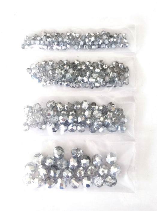 Set of Czech Fire-Polished Glass Beads Round 3mm, 4mm, 6mm, 8mm - Crystal Labrador