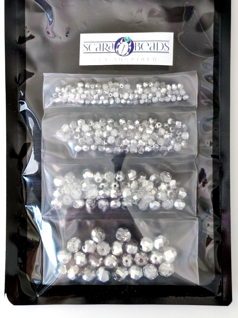 Set of Czech Fire-Polished Glass Beads Round 3mm, 4mm, 6mm, 8mm - Crystal Labrador
