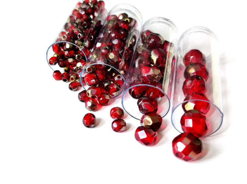 Set of Round Fire Polished Beads (3mm, 4mm, 6mm, 8mm), Ruby Valentinite, Czech Glass