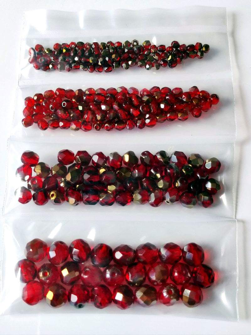 Set of Round Fire Polished Beads (3mm, 4mm, 6mm, 8mm), Ruby Valentinite, Czech Glass