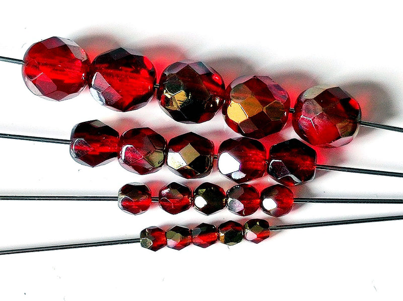 Set of Round Fire Polished Beads (3mm, 4mm, 6mm, 8mm), Ruby Valentinite, Czech Glass