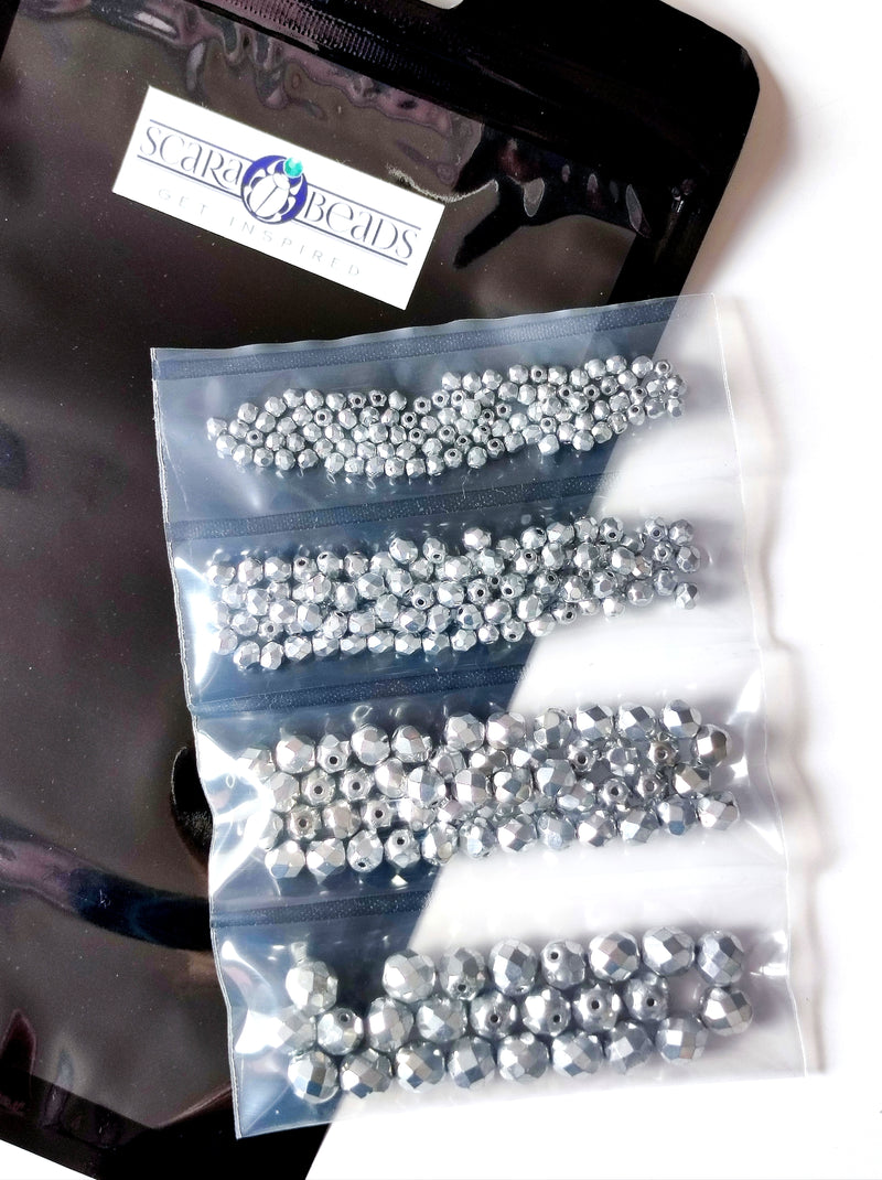 Set of Round Fire Polished Beads (3mm, 4mm, 6mm, 8mm), Crystal Full Labrador (Silver Metallic), Czech Glass