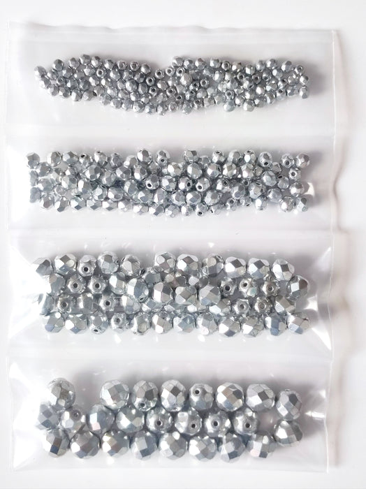 Set of Round Fire Polished Beads (3mm, 4mm, 6mm, 8mm), Crystal Full Labrador (Silver Metallic), Czech Glass