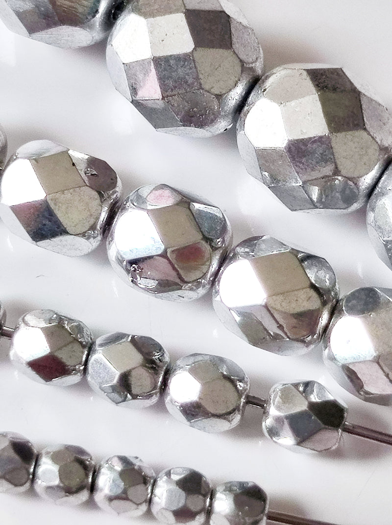 Set of Round Fire Polished Beads (3mm, 4mm, 6mm, 8mm), Crystal Full Labrador (Silver Metallic), Czech Glass