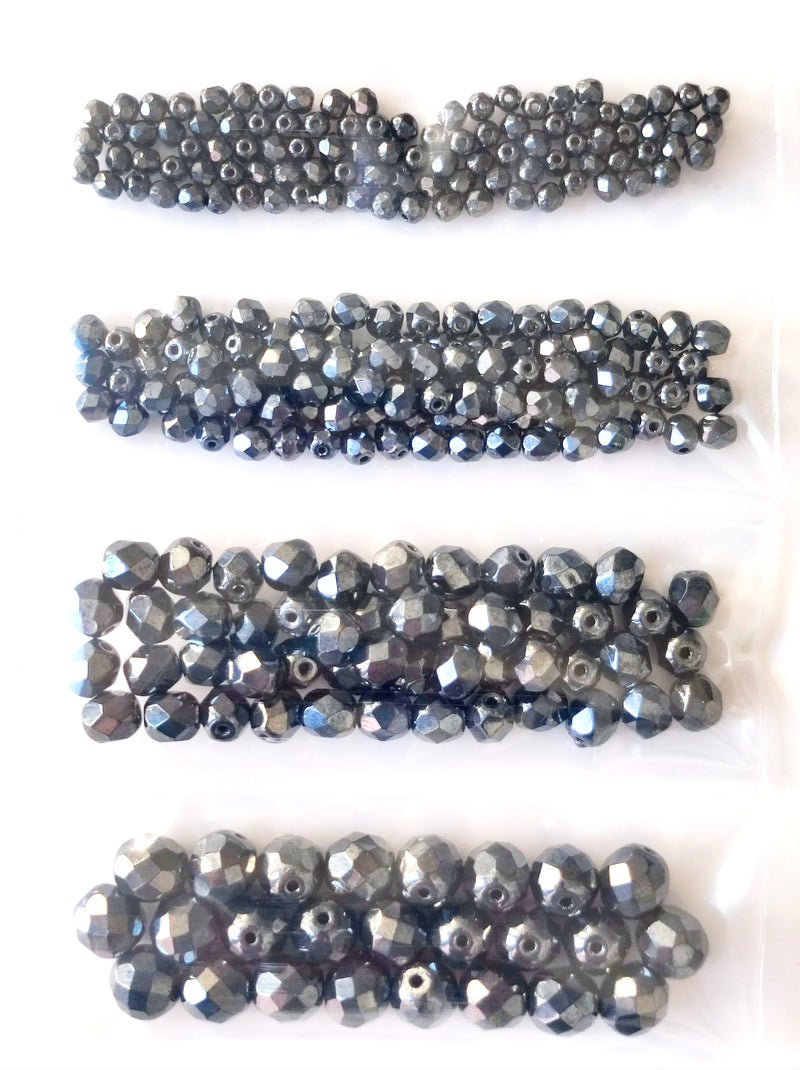 Set of Round Fire Polished Beads (3mm, 4mm, 6mm, 8mm), Jet Hematite, Czech Glass
