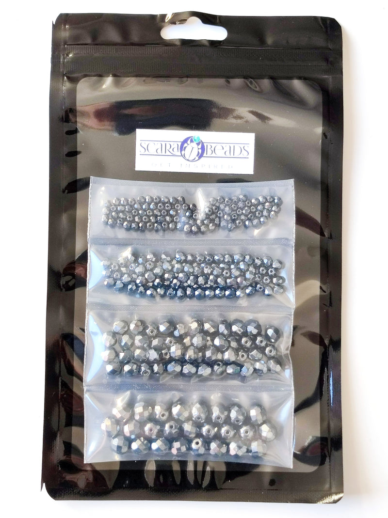 Set of Round Fire Polished Beads (3mm, 4mm, 6mm, 8mm), Jet Hematite, Czech Glass