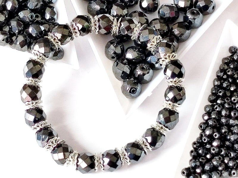 Set of Round Fire Polished Beads (3mm, 4mm, 6mm, 8mm), Jet Hematite, Czech Glass