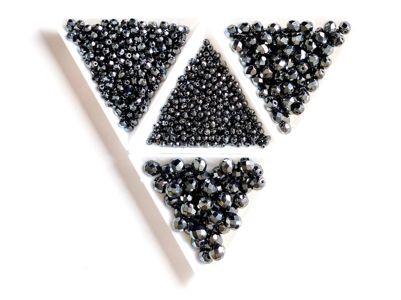 Set of Round Fire Polished Beads (3mm, 4mm, 6mm, 8mm), Jet Hematite, Czech Glass