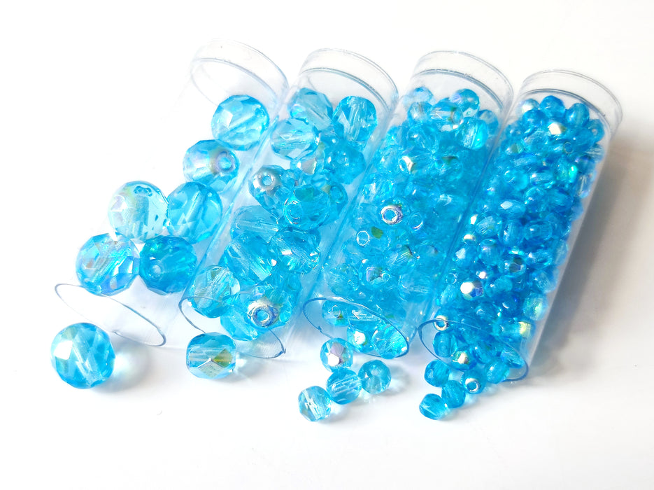 Set of Round Fire Polished Beads (3mm, 4mm, 6mm, 8mm), Aquamarine AB, Czech Glass