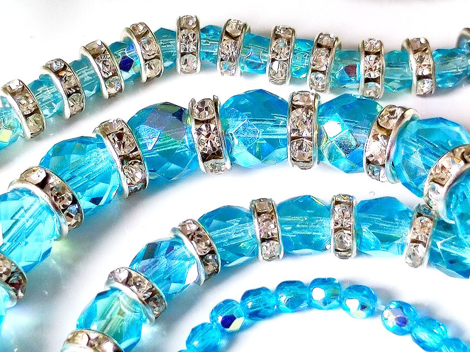 Set of Round Fire Polished Beads (3mm, 4mm, 6mm, 8mm), Aquamarine AB, Czech Glass