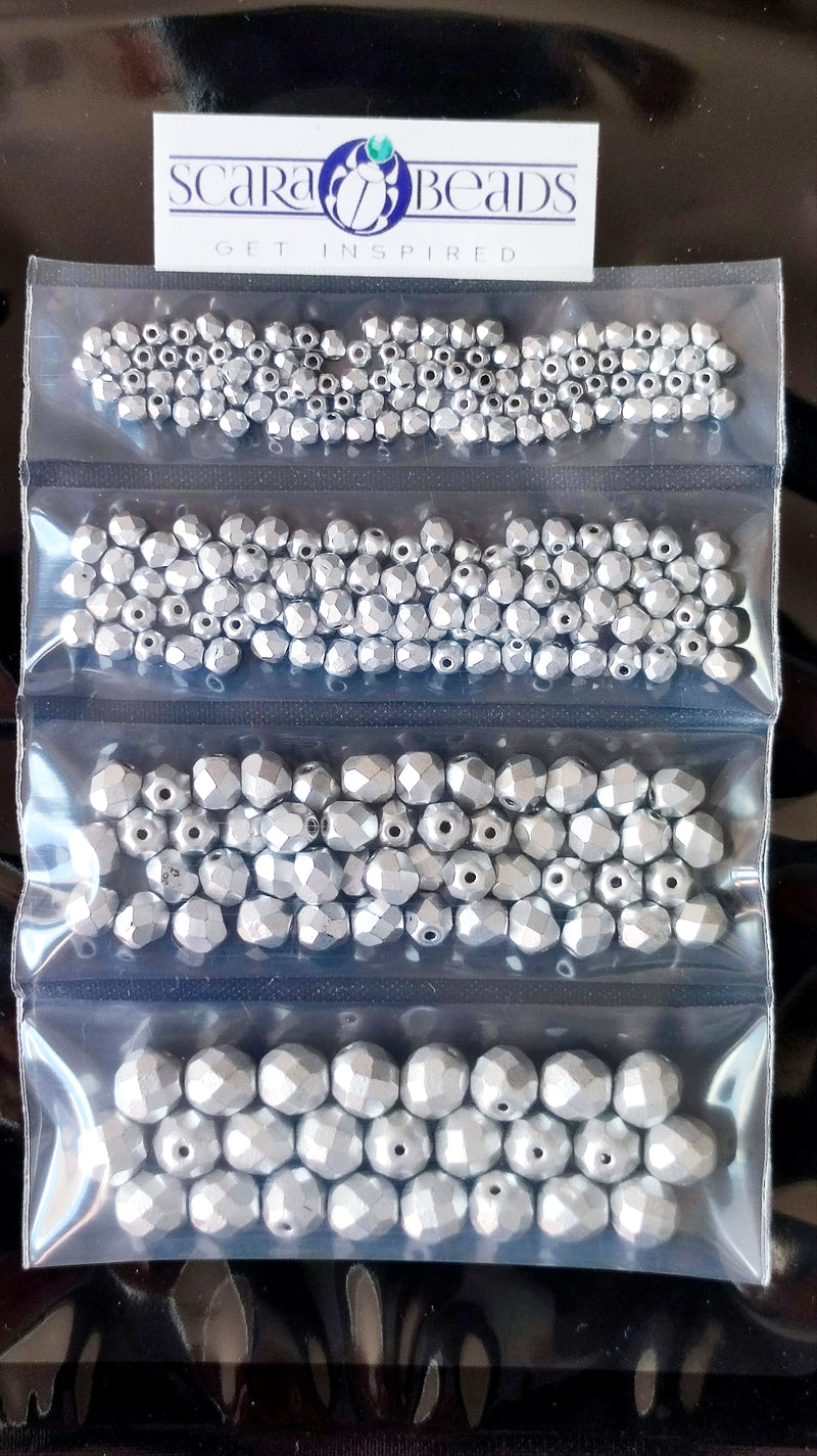 Set of Round Fire Polished Beads (3mm, 4mm, 6mm, 8mm), Silver Matte, Czech Glass