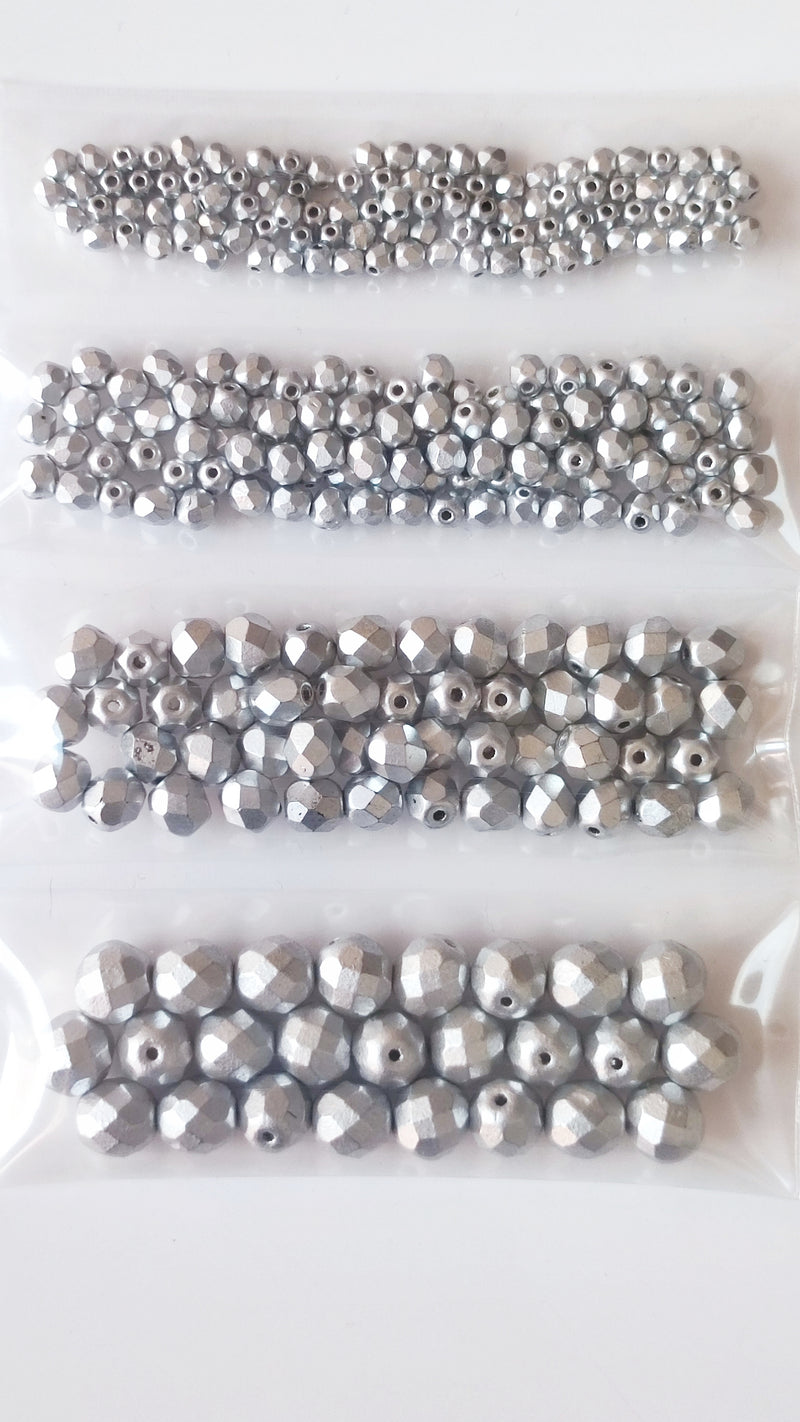 Set of Round Fire Polished Beads (3mm, 4mm, 6mm, 8mm), Silver Matte, Czech Glass