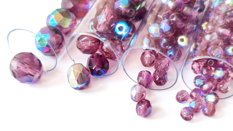Set of Round Fire Polished Beads (3mm, 4mm, 6mm, 8mm), Amethyst AB, Czech Glass