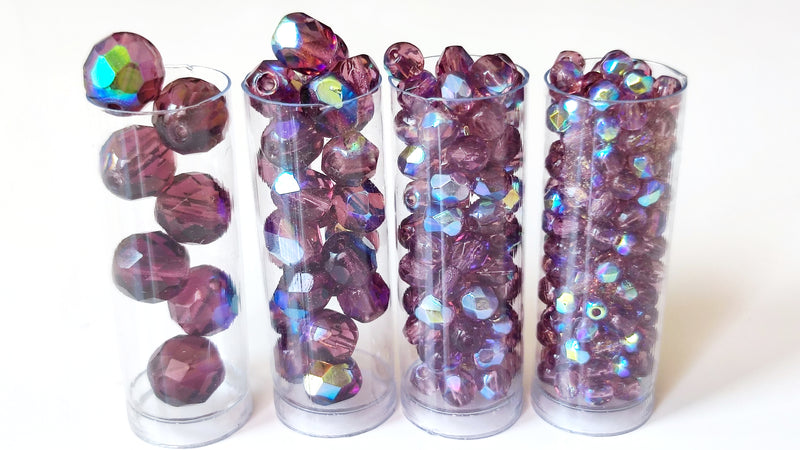 Set of Round Fire Polished Beads (3mm, 4mm, 6mm, 8mm), Amethyst AB, Czech Glass