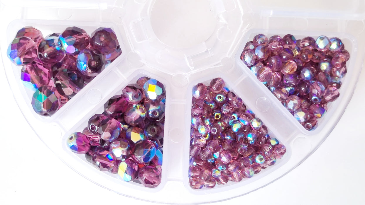 Set of Round Fire Polished Beads (3mm, 4mm, 6mm, 8mm), Amethyst AB, Czech Glass