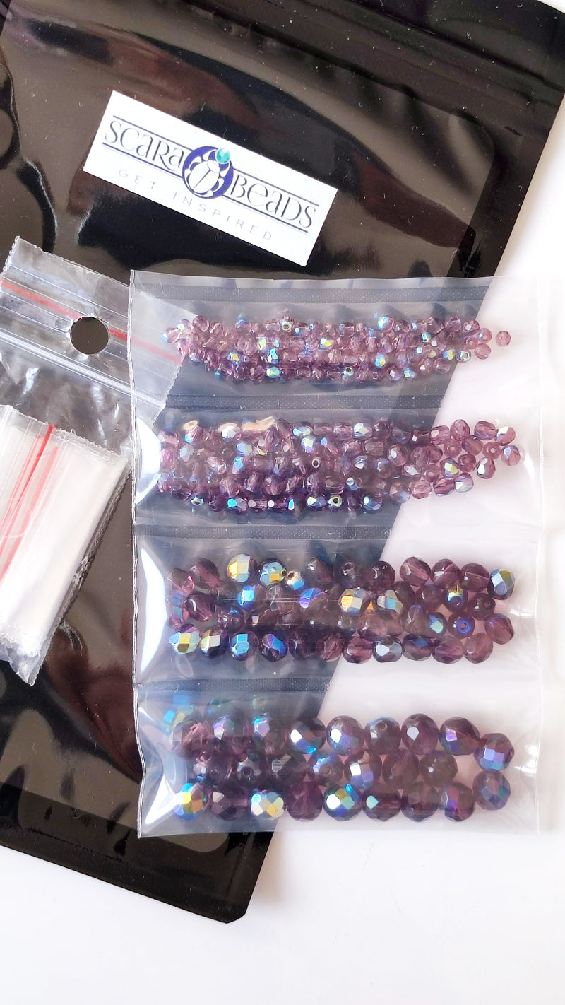 Set of Round Fire Polished Beads (3mm, 4mm, 6mm, 8mm), Amethyst AB, Czech Glass