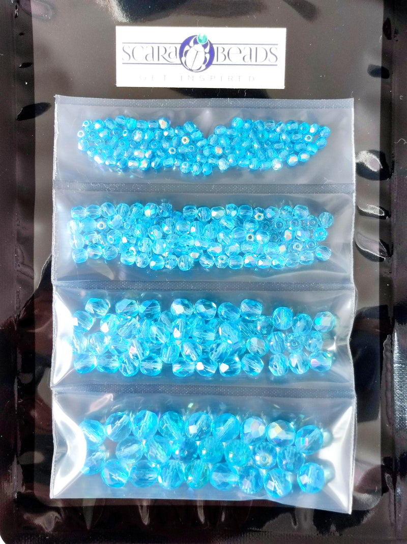 Set of Round Fire Polished Beads (3mm, 4mm, 6mm, 8mm), Aquamarine AB, Czech Glass