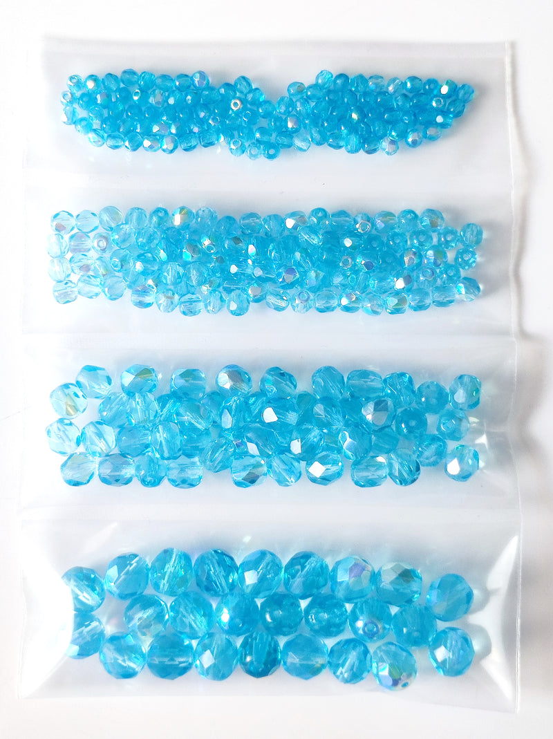 Set of Round Fire Polished Beads (3mm, 4mm, 6mm, 8mm), Aquamarine AB, Czech Glass
