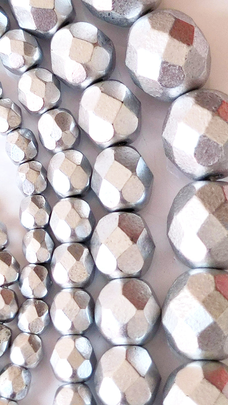 Set of Round Fire Polished Beads (3mm, 4mm, 6mm, 8mm), Silver Matte, Czech Glass