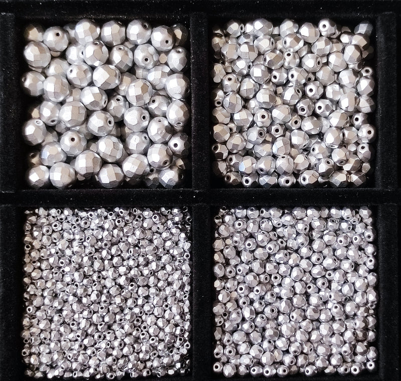 Set of Round Fire Polished Beads (3mm, 4mm, 6mm, 8mm), Silver Matte, Czech Glass
