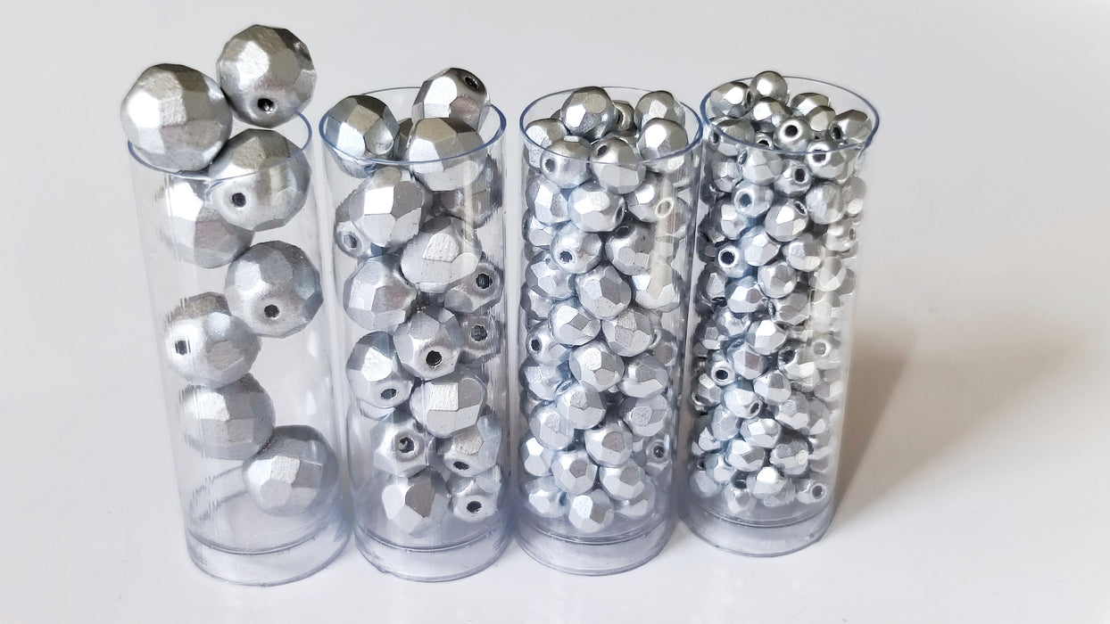 Set of Round Fire Polished Beads (3mm, 4mm, 6mm, 8mm), Silver Matte, Czech Glass