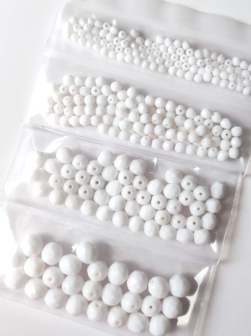 Set of Round Fire Polished Beads (3mm, 4mm, 6mm, 8mm), Chalk White, Czech Glass