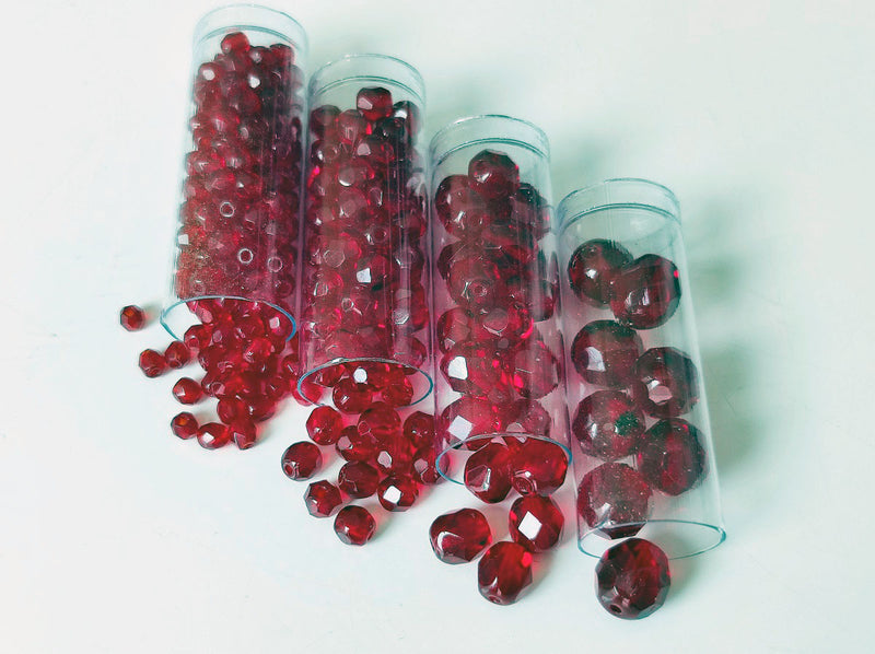 Set of Round Fire Polished Beads (3mm, 4mm, 6mm, 8mm), Dark Ruby, Czech Glass