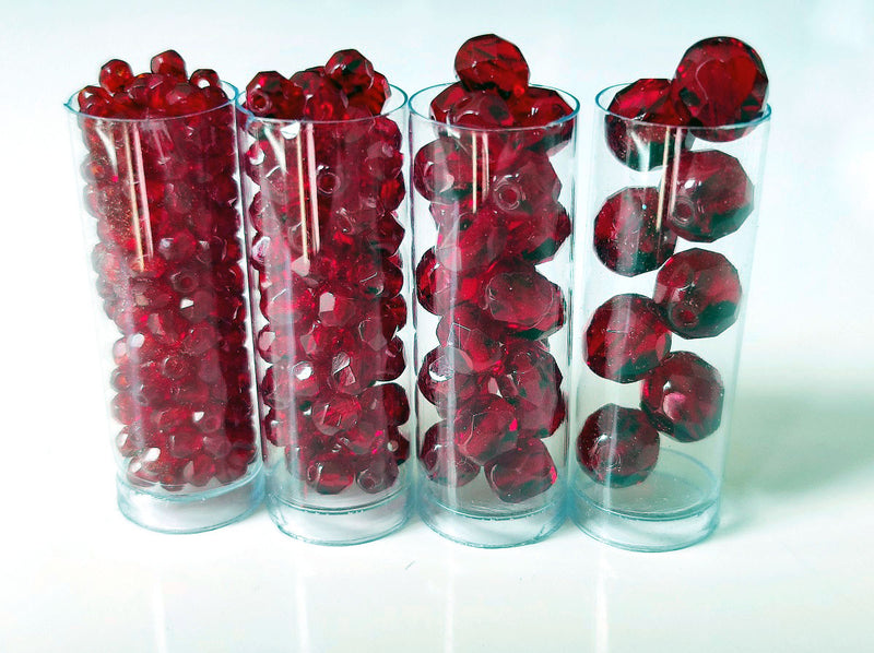 Set of Round Fire Polished Beads (3mm, 4mm, 6mm, 8mm), Dark Ruby, Czech Glass