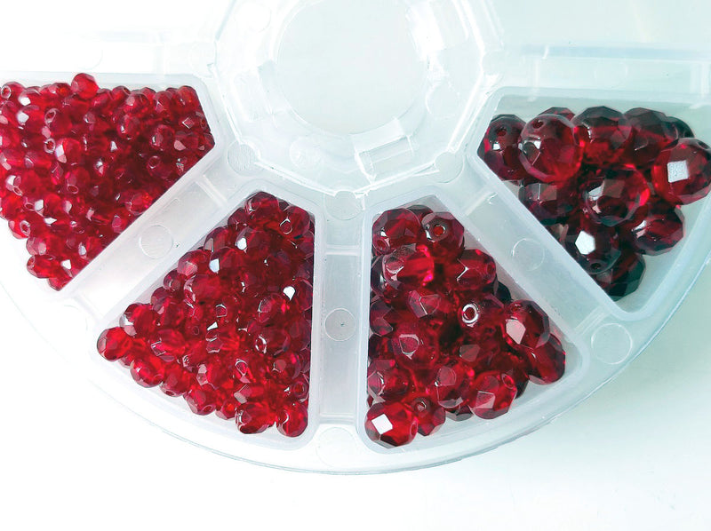 Set of Round Fire Polished Beads (3mm, 4mm, 6mm, 8mm), Dark Ruby, Czech Glass