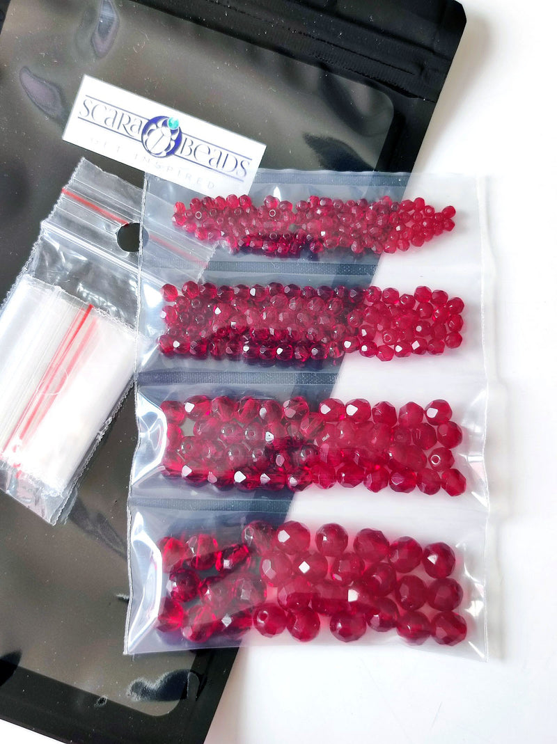 Set of Round Fire Polished Beads (3mm, 4mm, 6mm, 8mm), Dark Ruby, Czech Glass