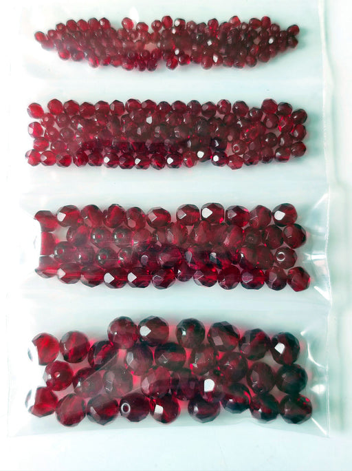 Set of Round Fire Polished Beads (3mm, 4mm, 6mm, 8mm), Dark Ruby, Czech Glass