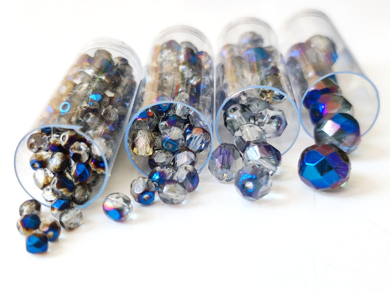 Set of Round Fire Polished Beads (3mm, 4mm, 6mm, 8mm), Crystal Blue Luster Azuro, Czech Glass