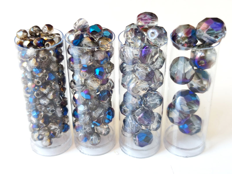 Set of Round Fire Polished Beads (3mm, 4mm, 6mm, 8mm), Crystal Blue Luster Azuro, Czech Glass