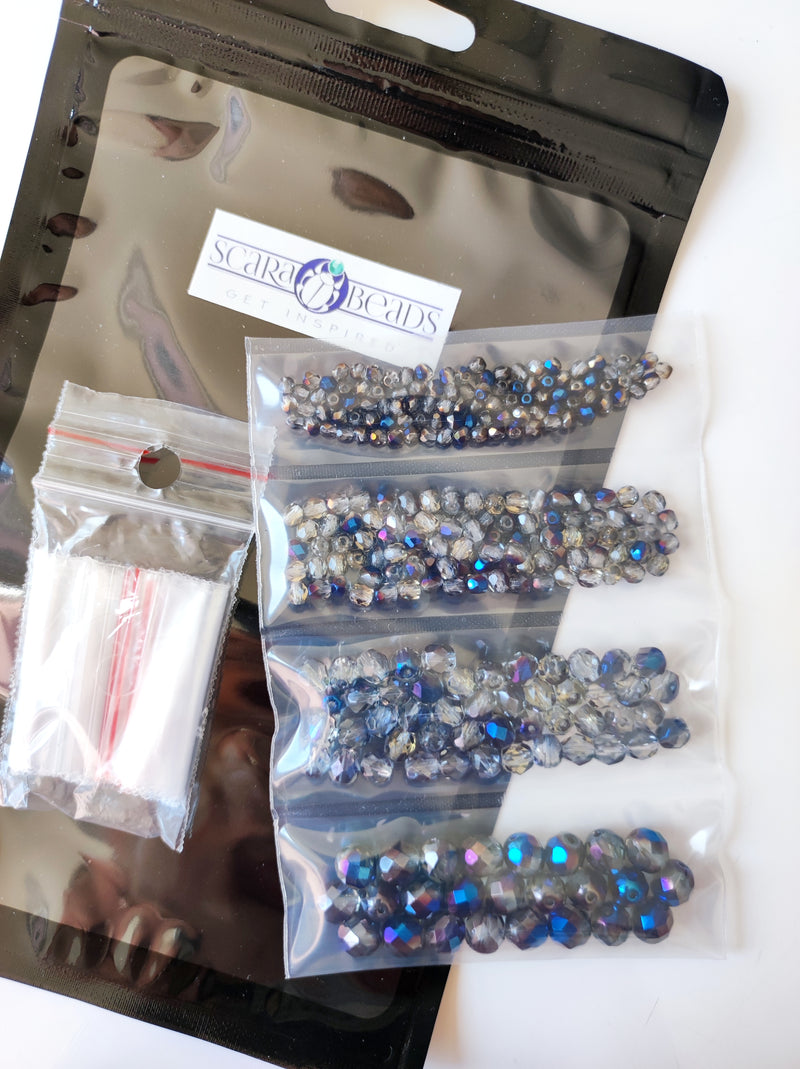Set of Round Fire Polished Beads (3mm, 4mm, 6mm, 8mm), Crystal Blue Luster Azuro, Czech Glass