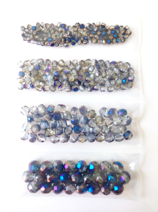 Set of Round Fire Polished Beads (3mm, 4mm, 6mm, 8mm), Crystal Blue Luster Azuro, Czech Glass