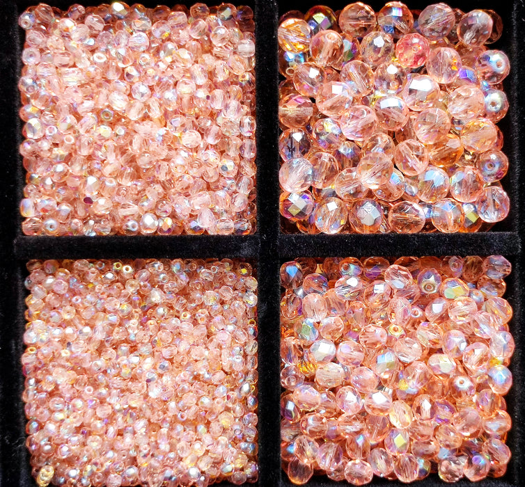 Set of Round Fire Polished Beads (3mm, 4mm, 6mm, 8mm), Rosaline AB, Czech Glass