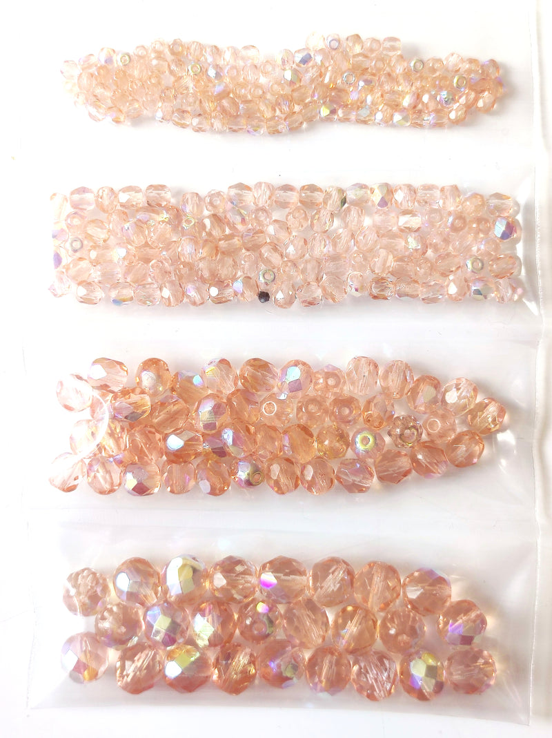 Set of Round Fire Polished Beads (3mm, 4mm, 6mm, 8mm), Rosaline AB, Czech Glass