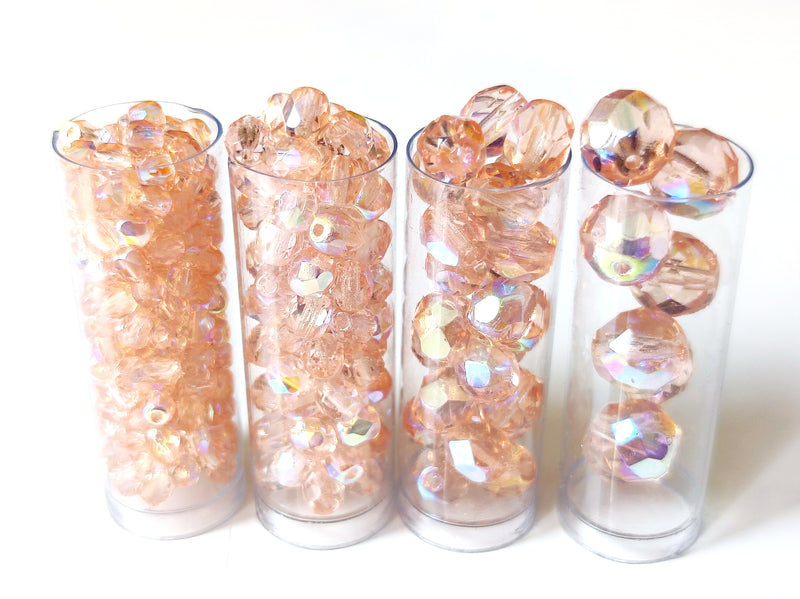 Set of Round Fire Polished Beads (3mm, 4mm, 6mm, 8mm), Rosaline AB, Czech Glass
