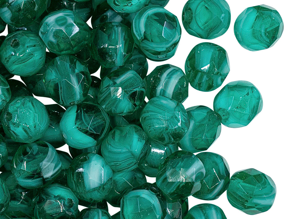 Fire Polished Faceted Beads Round 8 mm, Green Zircon With White Moonlight, Czech Glass