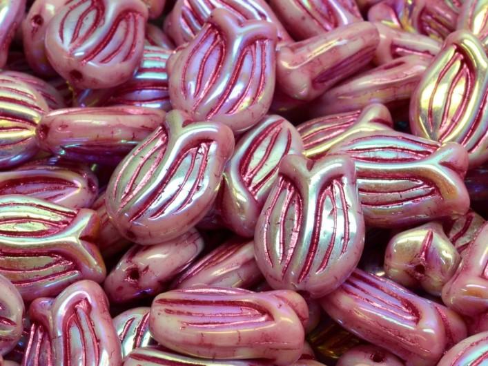 Tulip Bell Beads 16x11 mm, Opaque Rose Full AB with Fuchsia Streaks, Czech Glass