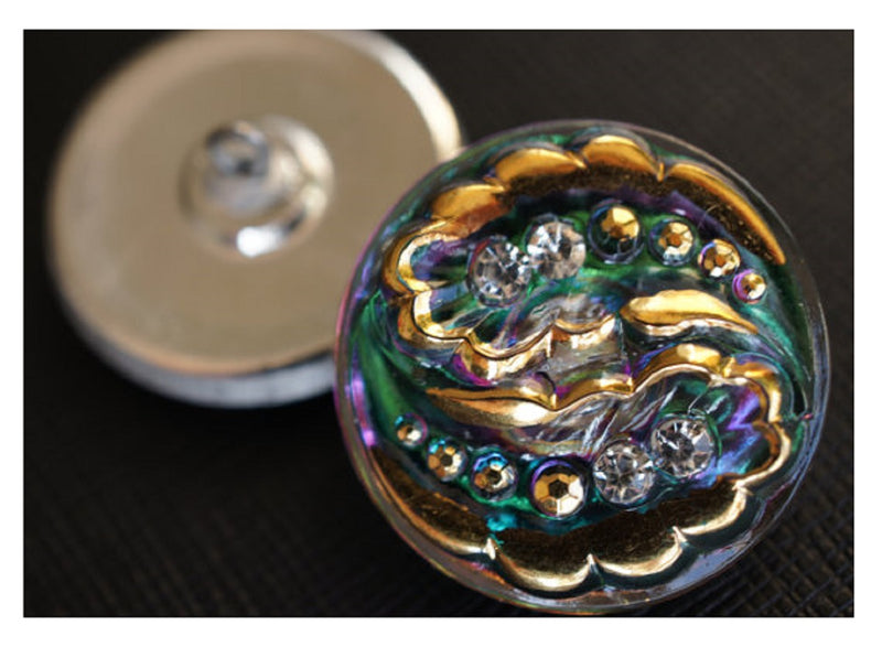 1 pc Czech Glass Button Hand Painted, Size 12 (27.0mm | 1 1/16''), Gold Green Purple with Crystal Rhinestones, Czech Glass
