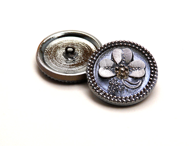 Czech Glass Button Hand Painted, Size 12 (27.0mm | 1 1/16''), Blue Montana Silver Ornament, Czech Glass