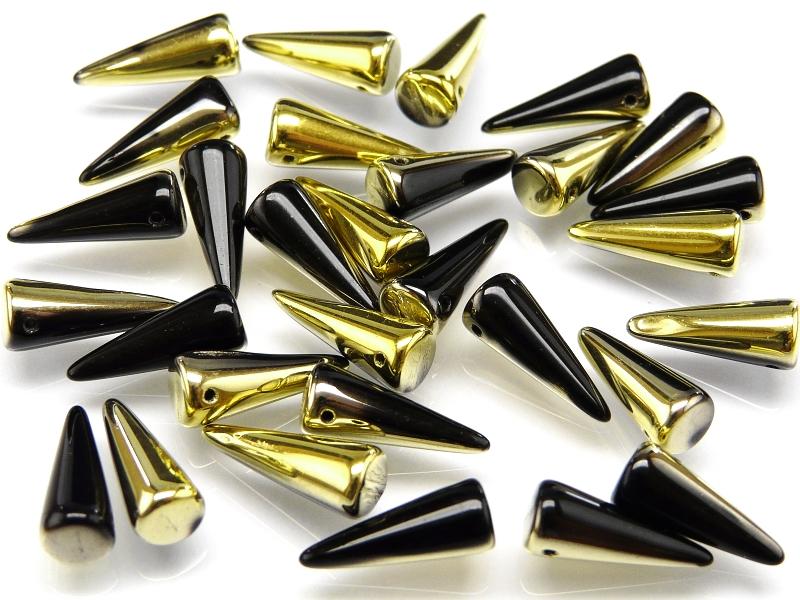 10 pcs Spike Pressed Beads, 7x17mm, Jet Black Half Amber, Czech Glass