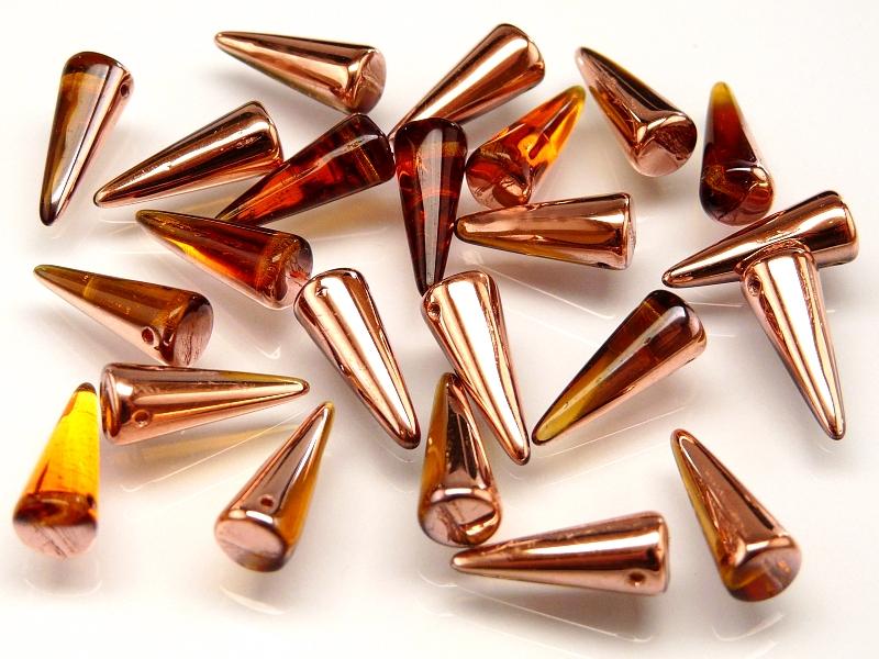 10 pcs Spike Pressed Beads, 7x17mm, Amber Half Gold Capri, Czech Glass