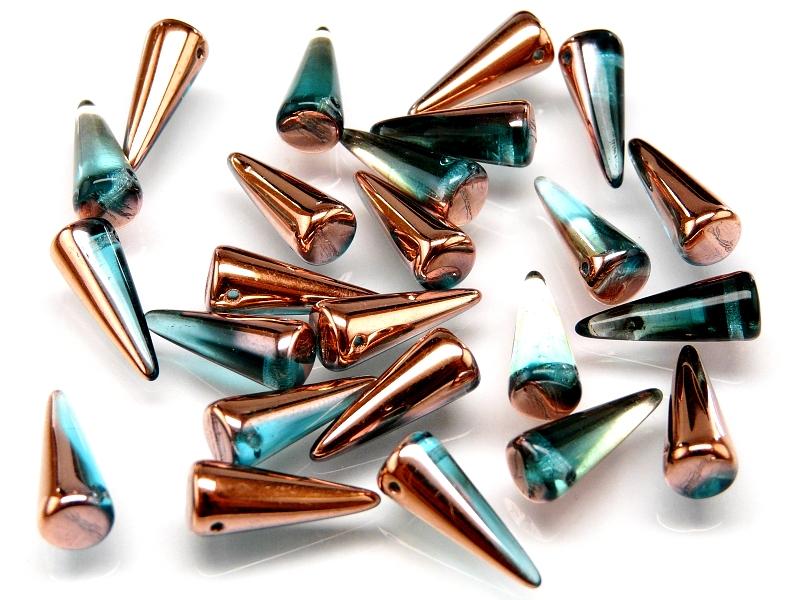 10 pcs Spike Pressed Beads, 7x17mm, Aqua Half Gold Capri, Czech Glass