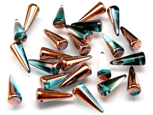 10 pcs Spike Pressed Beads, 7x17mm, Aqua Half Gold Capri, Czech Glass